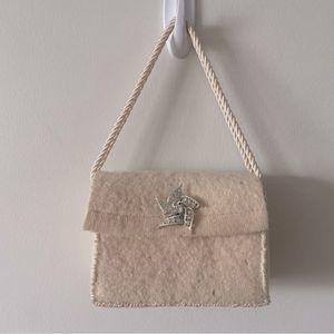 Vintage 70s Faux Sherpa/Tweed Satin Braided Crystal Brooch Handbag